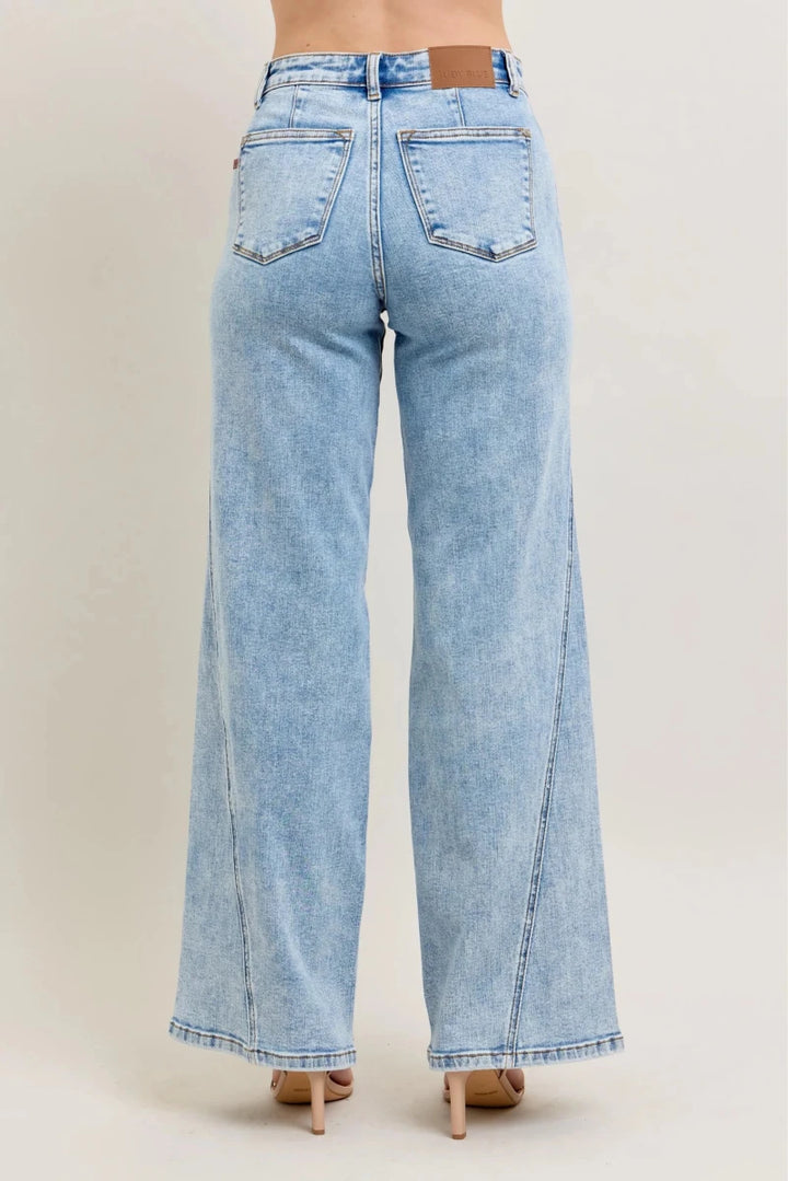 Judy Blue Plus Size High Waist Wide Leg Jeans with Asymmetrical Inseam - AMVIM