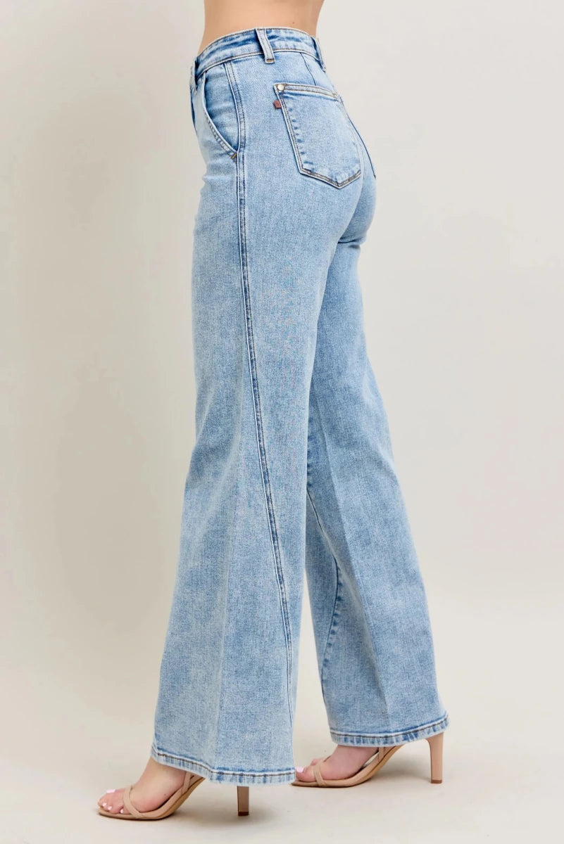 Judy Blue Plus Size High Waist Wide Leg Jeans with Asymmetrical Inseam - AMVIM
