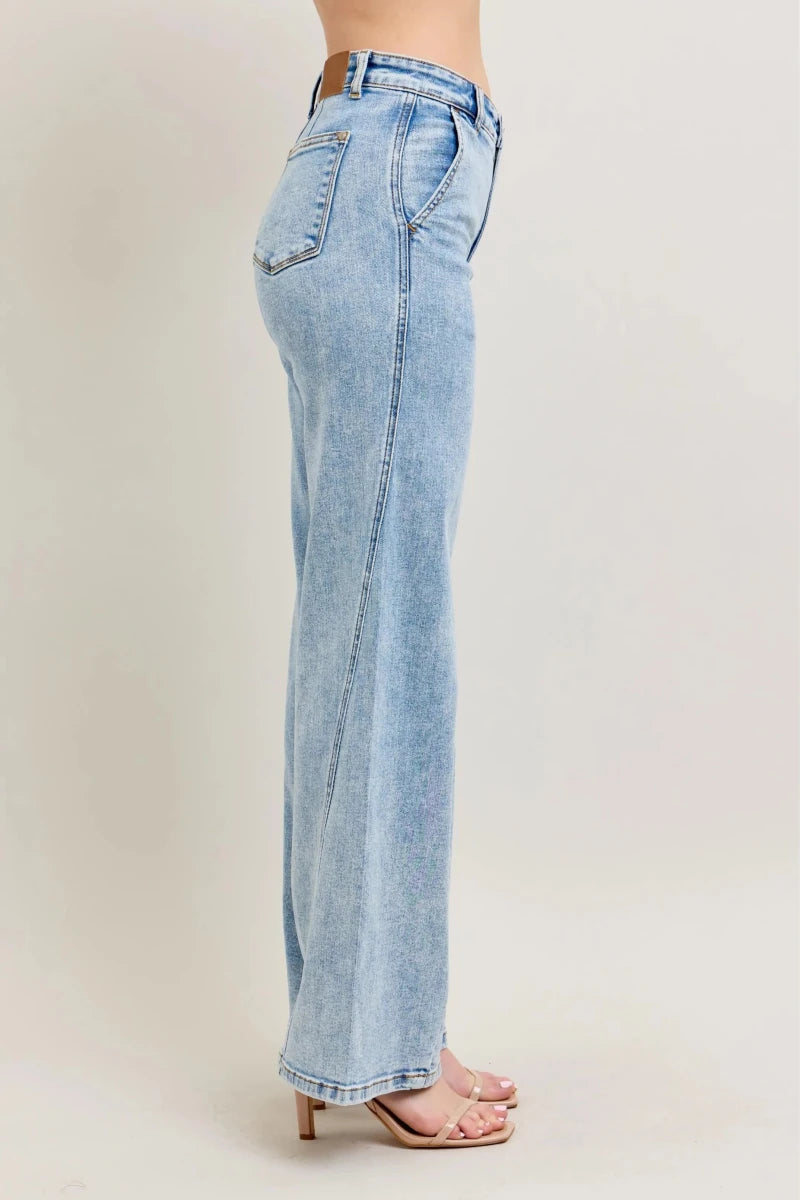 Judy Blue Plus Size High Waist Wide Leg Jeans with Asymmetrical Inseam - AMVIM