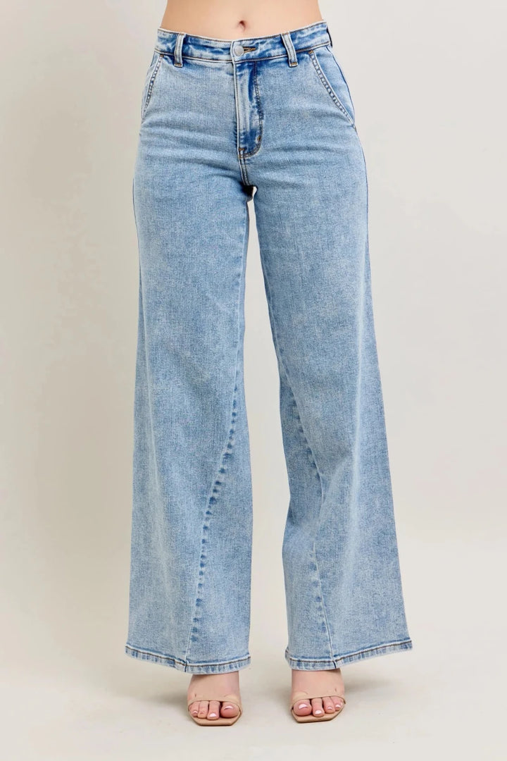 Judy Blue Plus Size High Waist Wide Leg Jeans with Asymmetrical Inseam - AMVIM