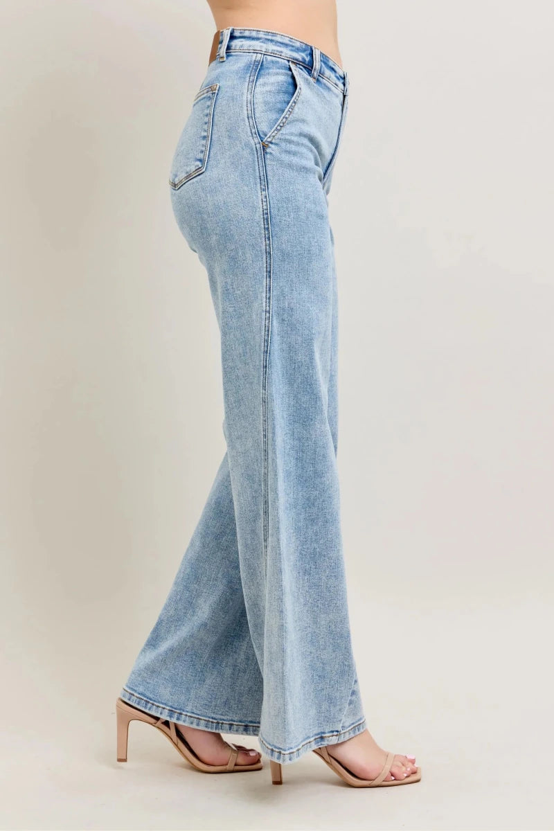 Judy Blue Plus Size High Waist Wide Leg Jeans with Asymmetrical Inseam - AMVIM