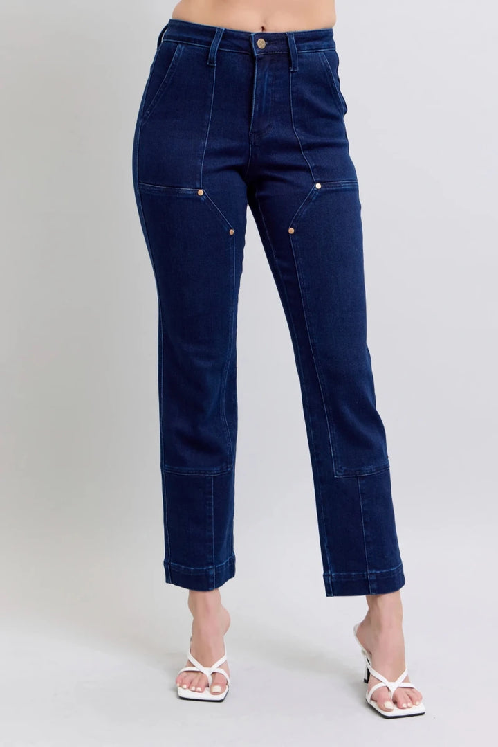 Judy Blue Plus Size High - Waist Workwear Knee Patch Straight Jeans - AMVIM