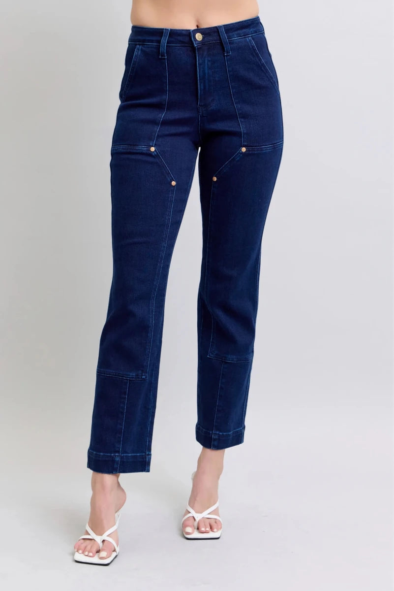 Judy Blue Plus Size High - Waist Workwear Knee Patch Straight Jeans - AMVIM