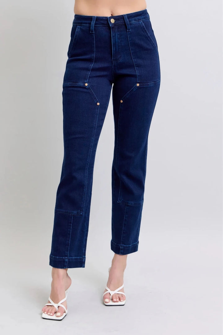 Judy Blue Plus Size High - Waist Workwear Knee Patch Straight Jeans - AMVIM