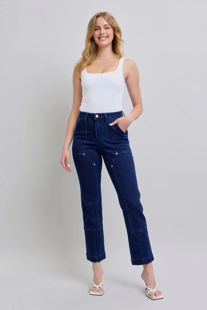 Judy Blue Plus Size High - Waist Workwear Knee Patch Straight Jeans - AMVIM