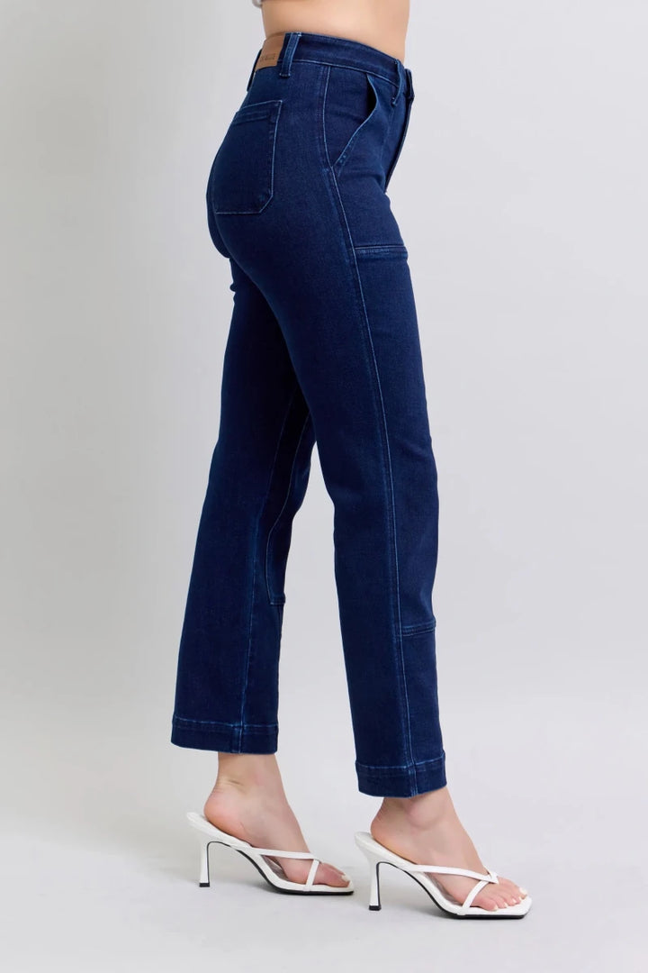 Judy Blue Plus Size High - Waist Workwear Knee Patch Straight Jeans - AMVIM