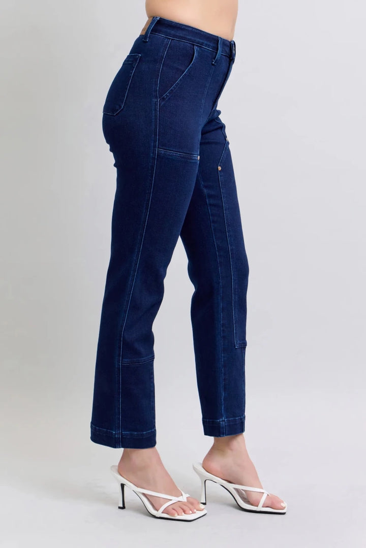Judy Blue Plus Size High - Waist Workwear Knee Patch Straight Jeans - AMVIM