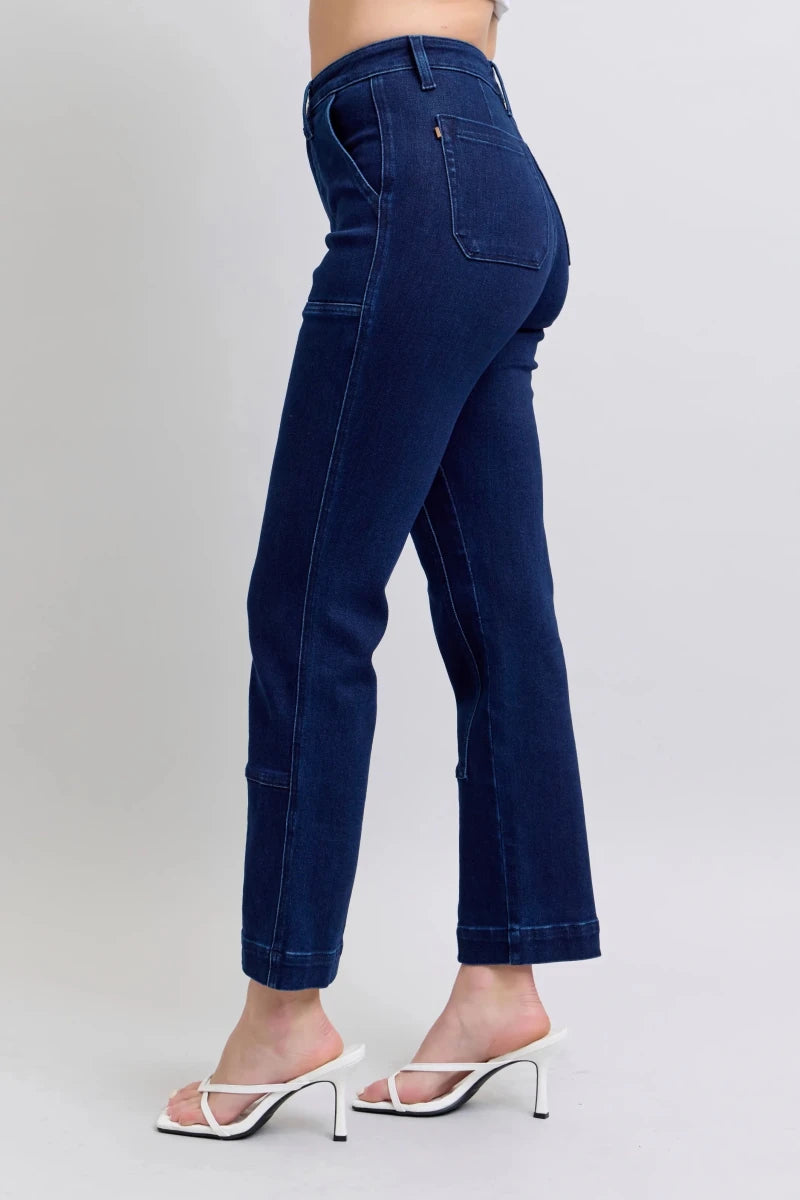 Judy Blue Plus Size High - Waist Workwear Knee Patch Straight Jeans - AMVIM