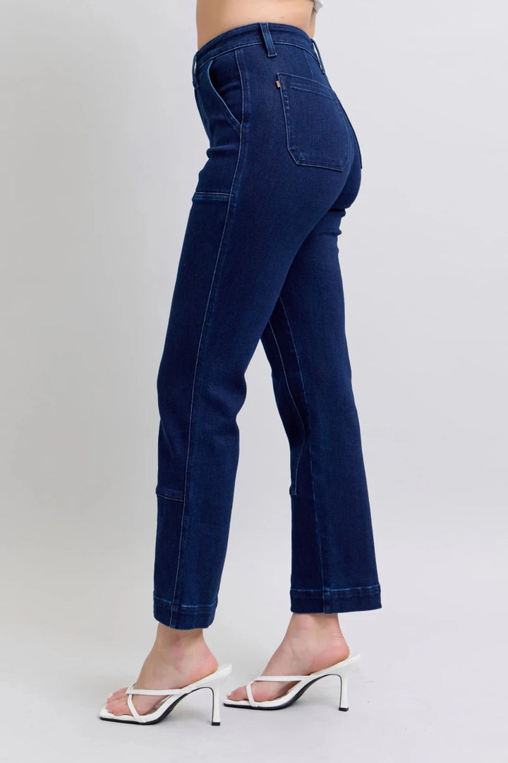 Judy Blue Plus Size High - Waist Workwear Knee Patch Straight Jeans - AMVIM