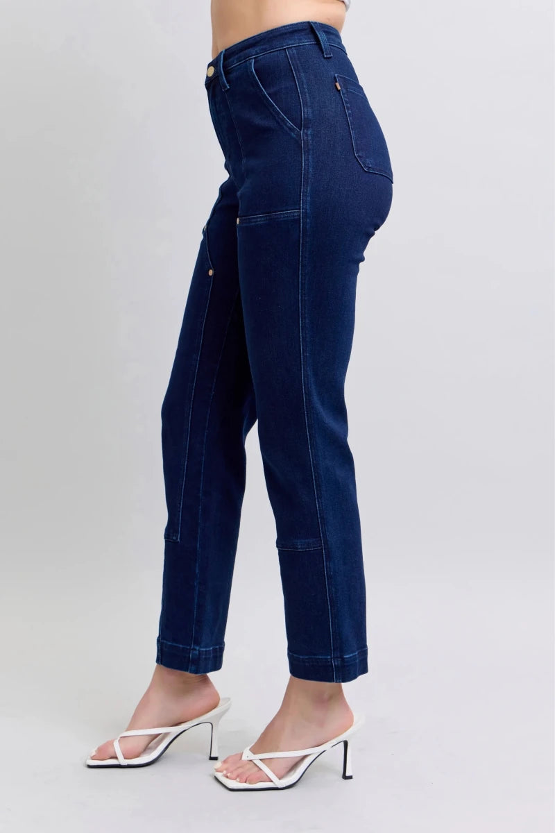 Judy Blue Plus Size High - Waist Workwear Knee Patch Straight Jeans - AMVIM