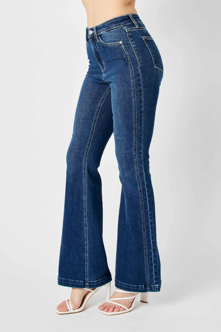 Judy Blue Plus Size High - Waisted Flare Jeans with Angled Side Seam Detail - AMVIM