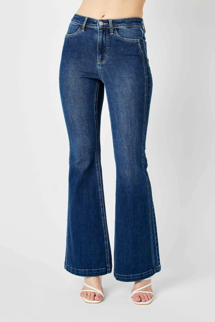 Judy Blue Plus Size High - Waisted Flare Jeans with Angled Side Seam Detail - AMVIM