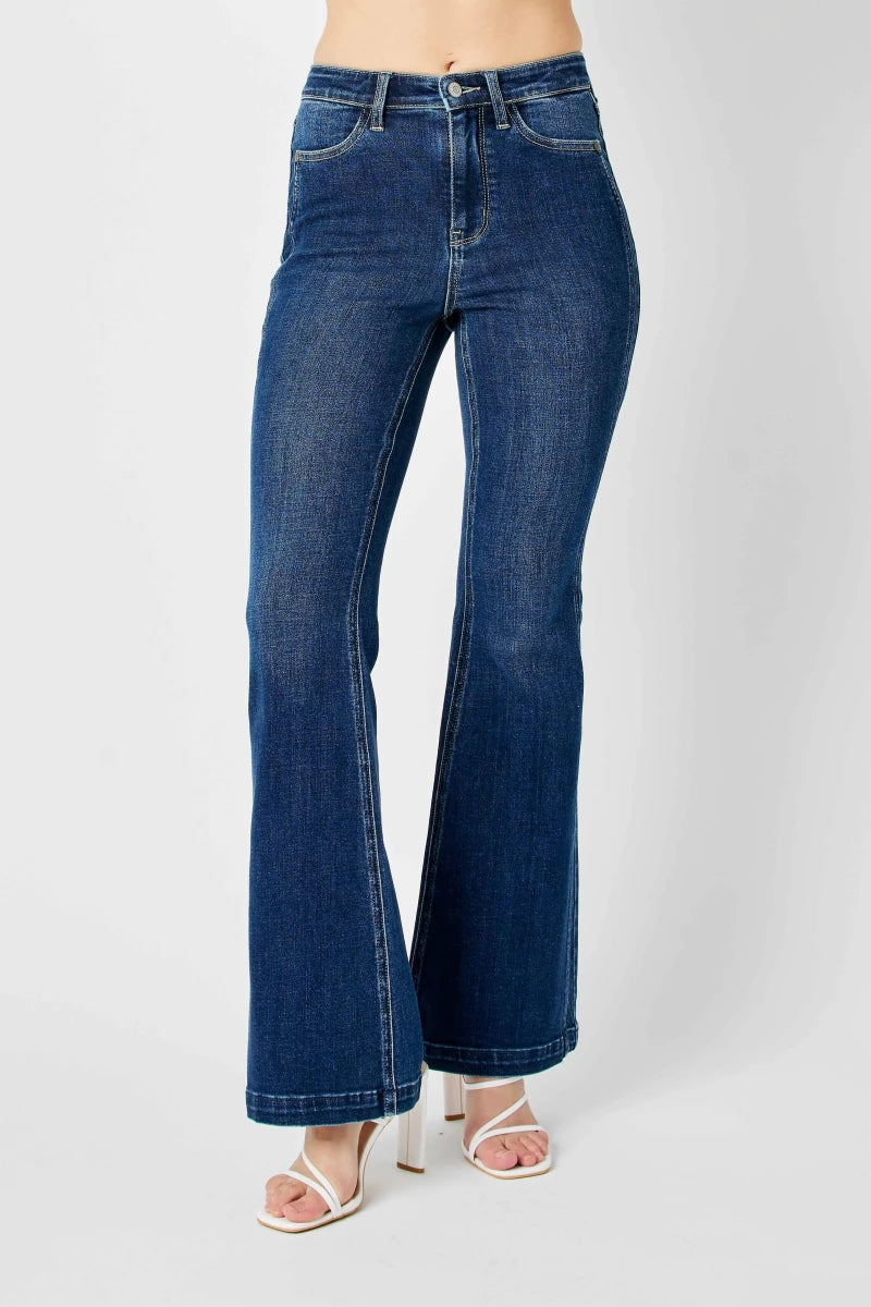 Judy Blue Plus Size High - Waisted Flare Jeans with Angled Side Seam Detail - AMVIM