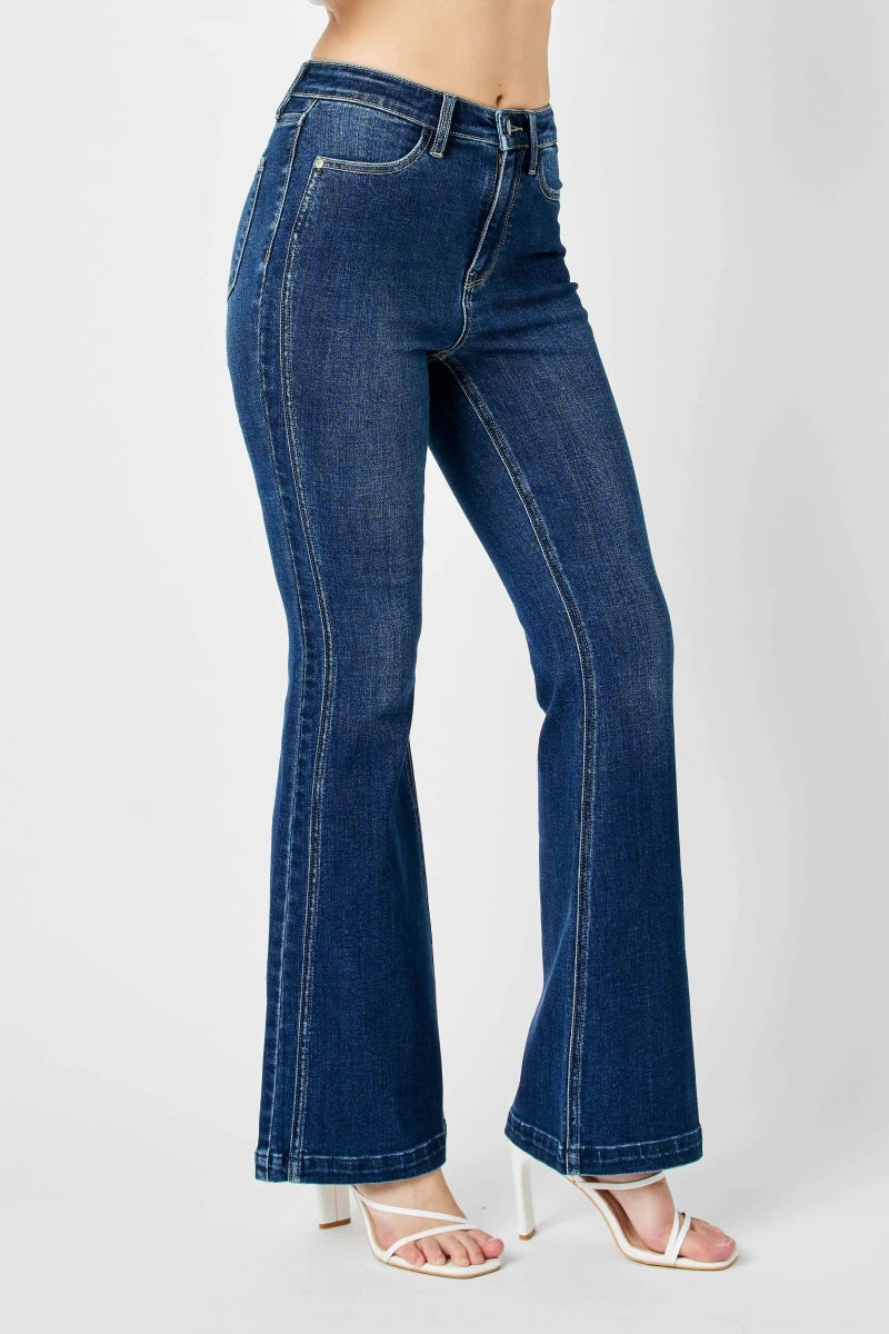 Judy Blue Plus Size High - Waisted Flare Jeans with Angled Side Seam Detail - AMVIM