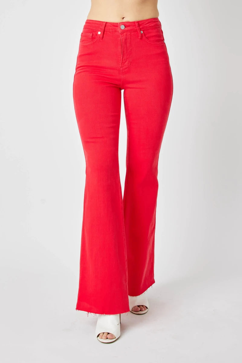 Judy Blue Plus Size High - Waisted Tummy Control Garment Dyed Flare Jeans - AMVIM