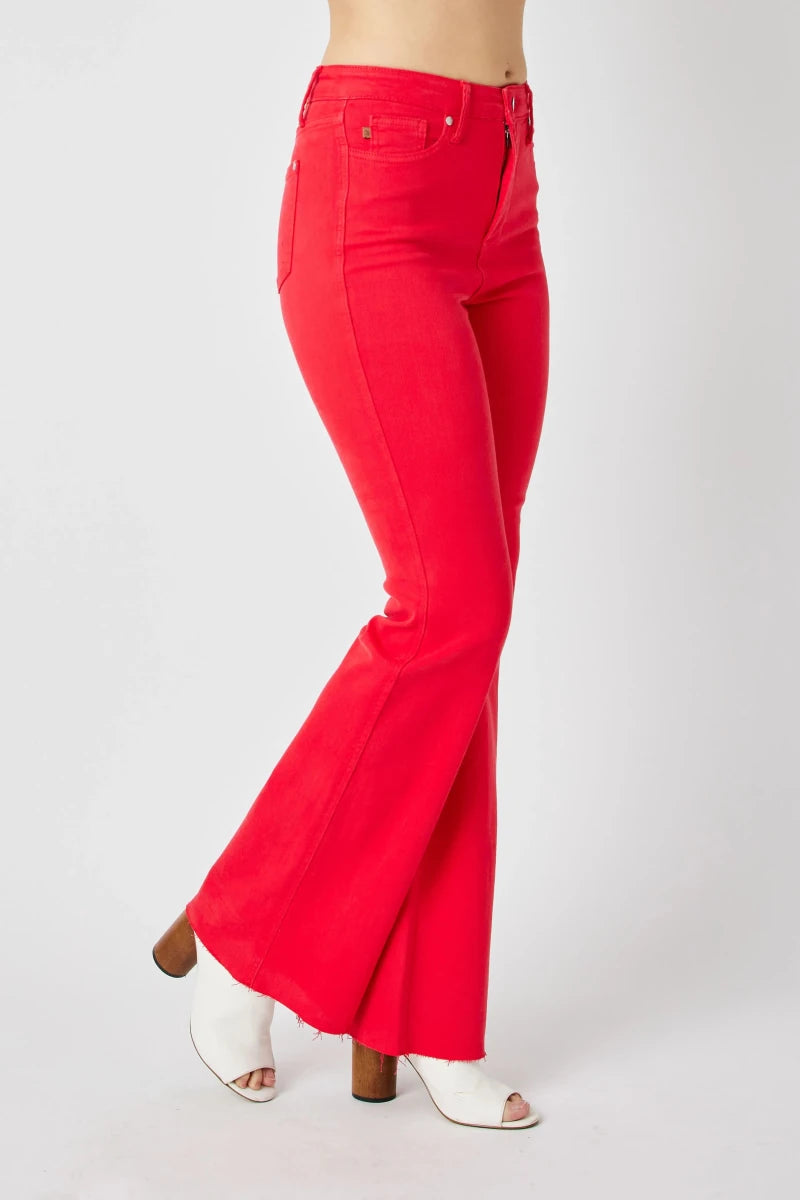 Judy Blue Plus Size High - Waisted Tummy Control Garment Dyed Flare Jeans - AMVIM
