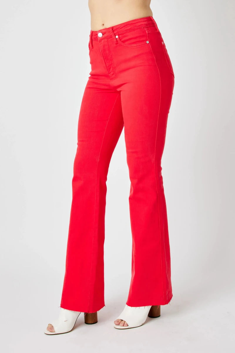 Judy Blue Plus Size High - Waisted Tummy Control Garment Dyed Flare Jeans - AMVIM