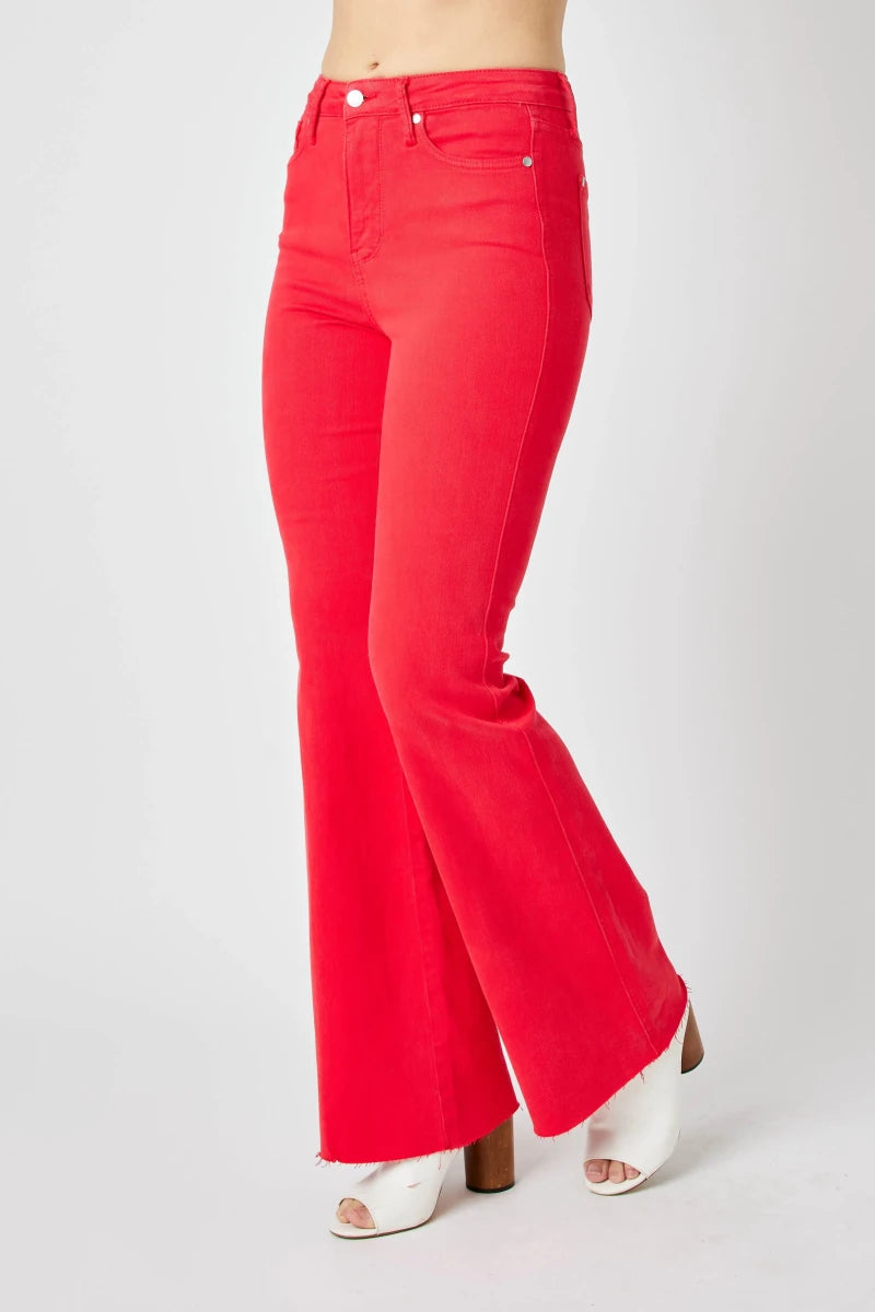 Judy Blue Plus Size High - Waisted Tummy Control Garment Dyed Flare Jeans - AMVIM