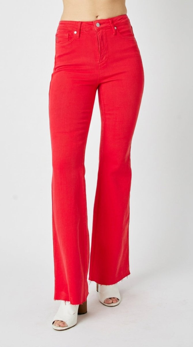 Judy Blue Plus Size High - Waisted Tummy Control Garment Dyed Flare Jeans - AMVIM