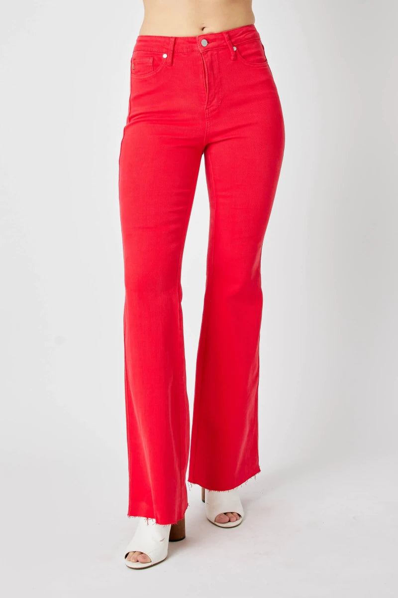 Judy Blue Plus Size High - Waisted Tummy Control Garment Dyed Flare Jeans - AMVIM