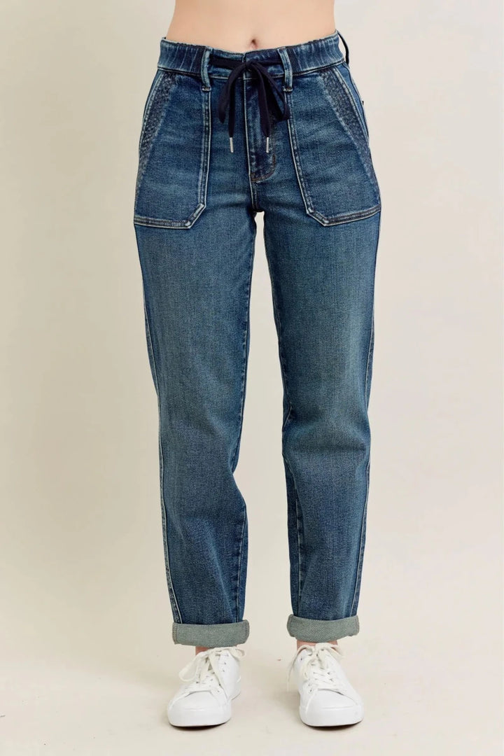 Judy Blue Plus Size High - Waisted Vintage Wash Jeans with Drawstring - AMVIM