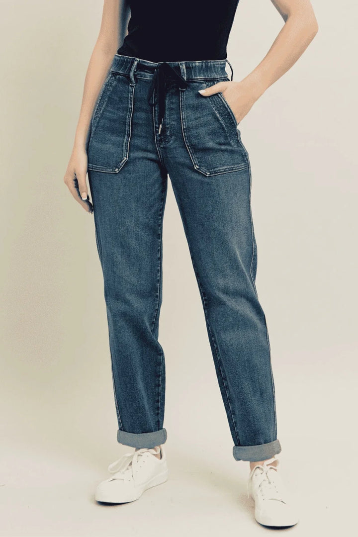 Judy Blue Plus Size High - Waisted Vintage Wash Jeans with Drawstring - AMVIM