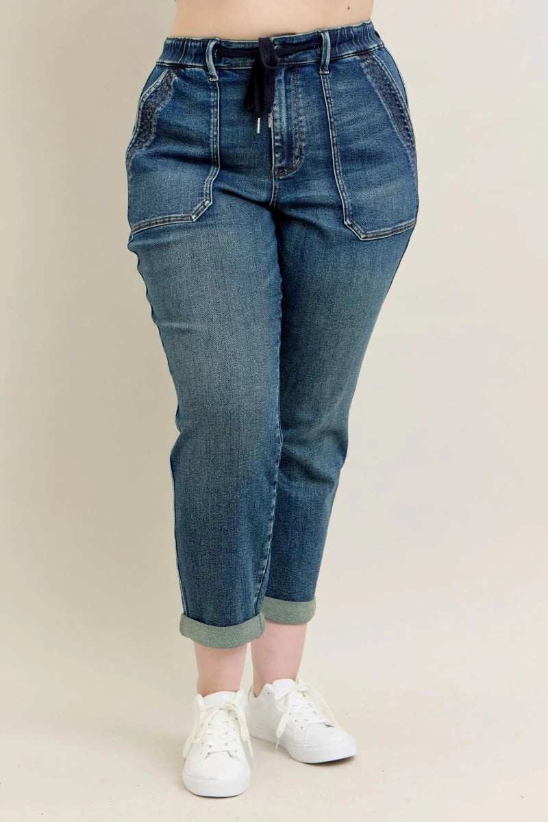 Judy Blue Plus Size High - Waisted Vintage Wash Jeans with Drawstring - AMVIM