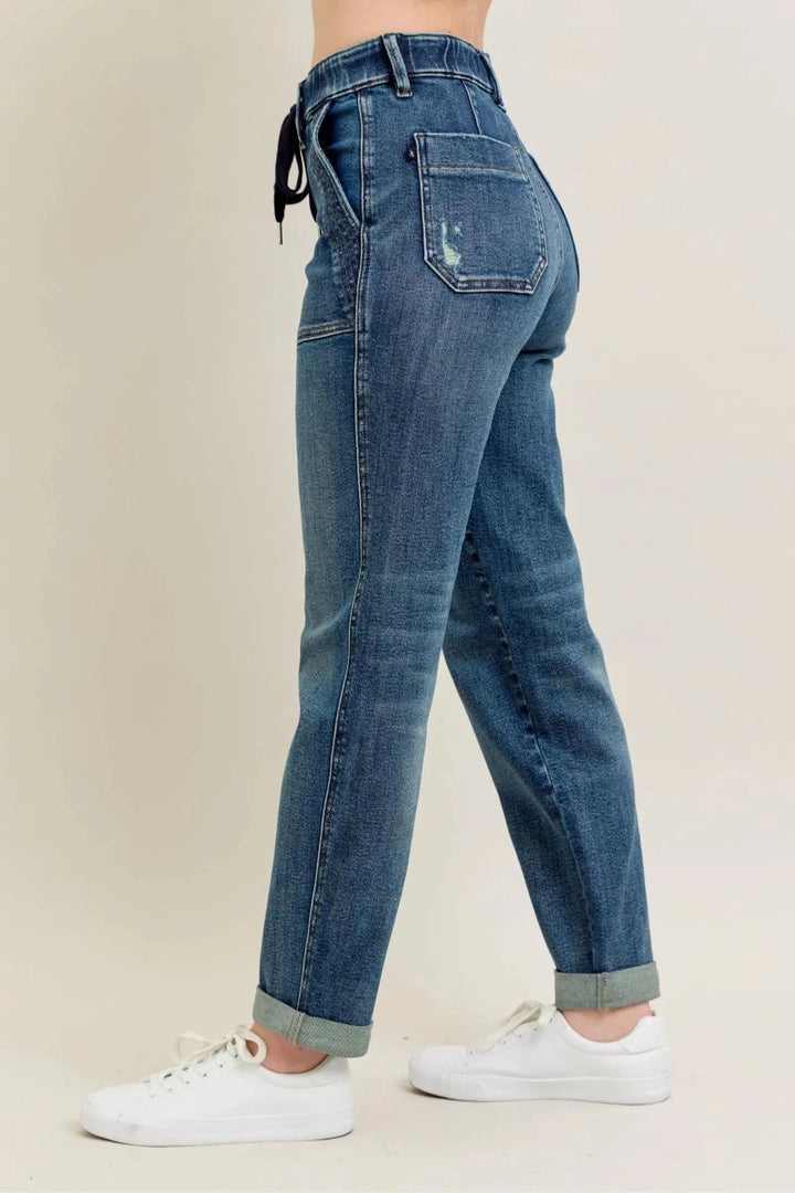 Judy Blue Plus Size High - Waisted Vintage Wash Jeans with Drawstring - AMVIM