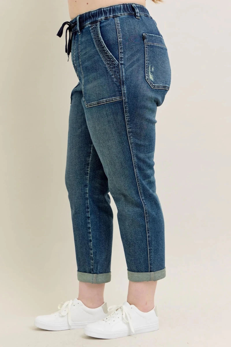Judy Blue Plus Size High - Waisted Vintage Wash Jeans with Drawstring - AMVIM