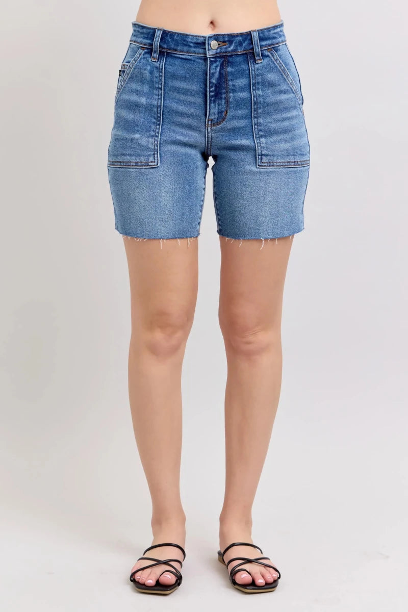 Judy Blue Plus Size Mid Rise Bermuda Denim Shorts with Back Flap Pockets - AMVIM
