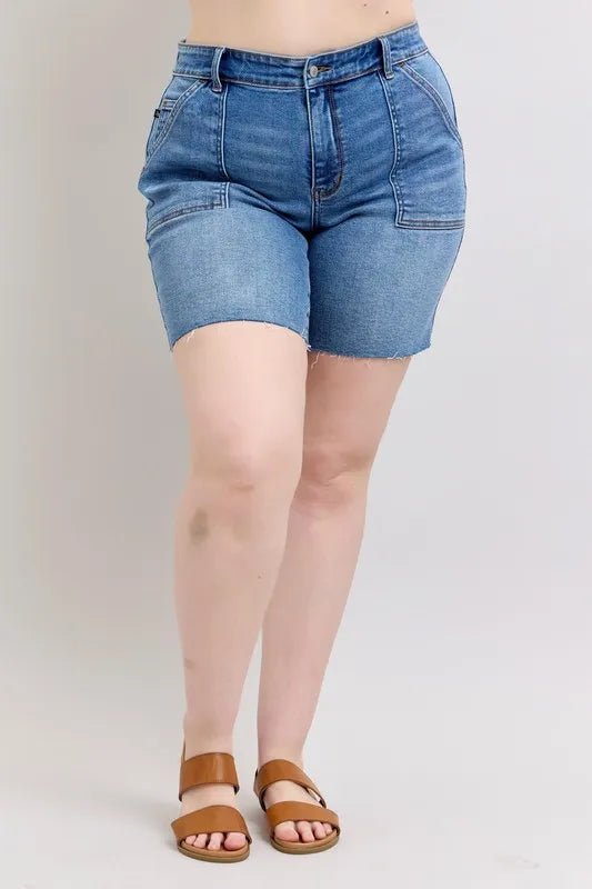 Judy Blue Plus Size Mid Rise Bermuda Denim Shorts with Back Flap Pockets - AMVIM