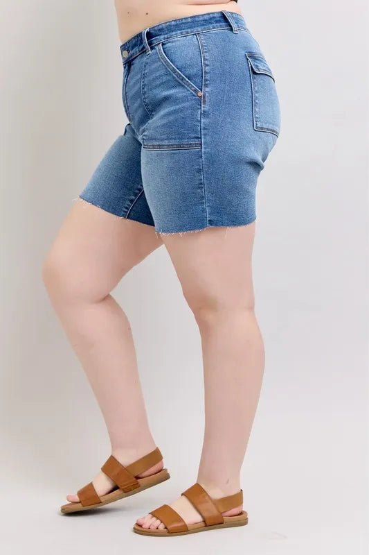 Judy Blue Plus Size Mid Rise Bermuda Denim Shorts with Back Flap Pockets - AMVIM