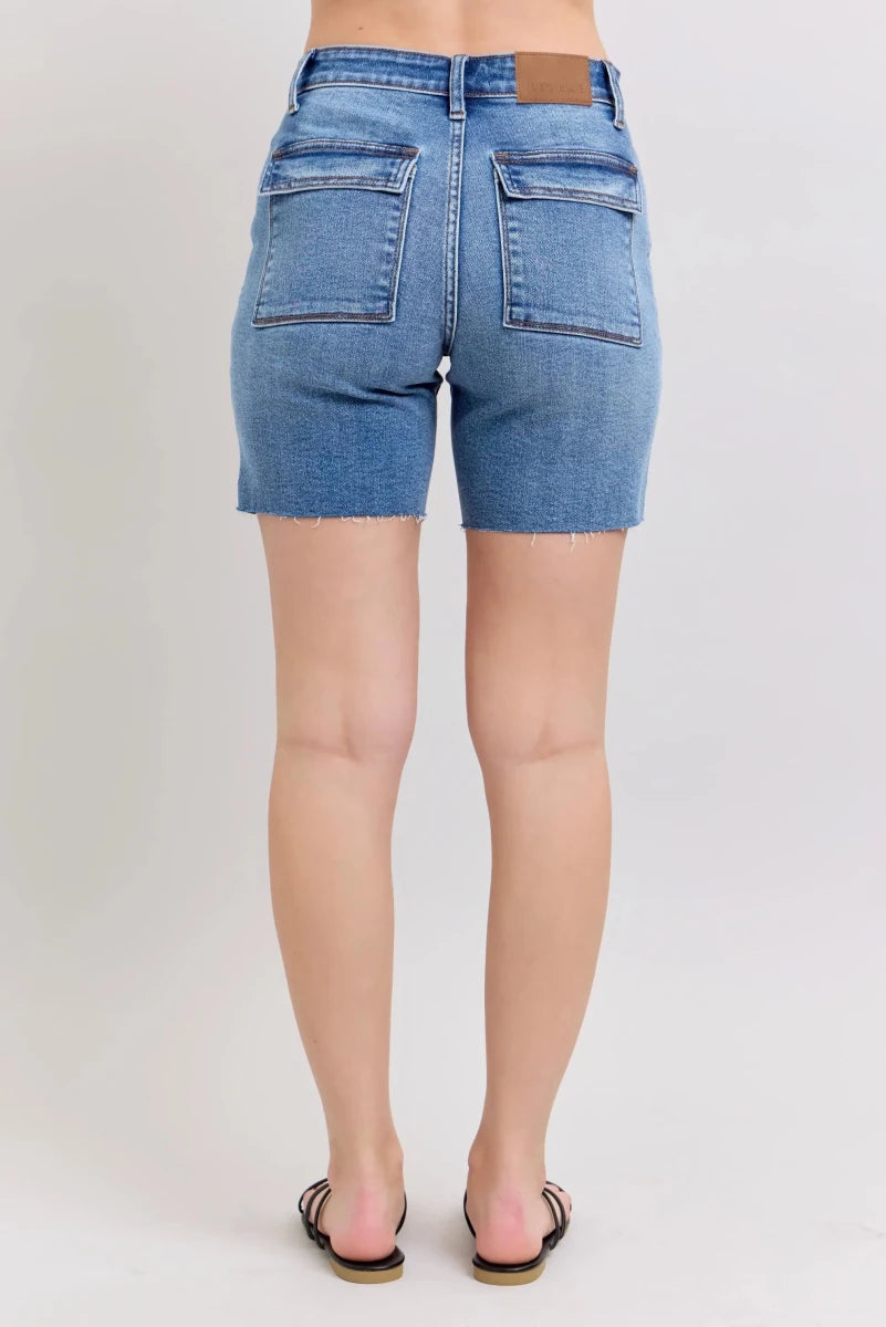 Judy Blue Plus Size Mid Rise Bermuda Denim Shorts with Back Flap Pockets - AMVIM