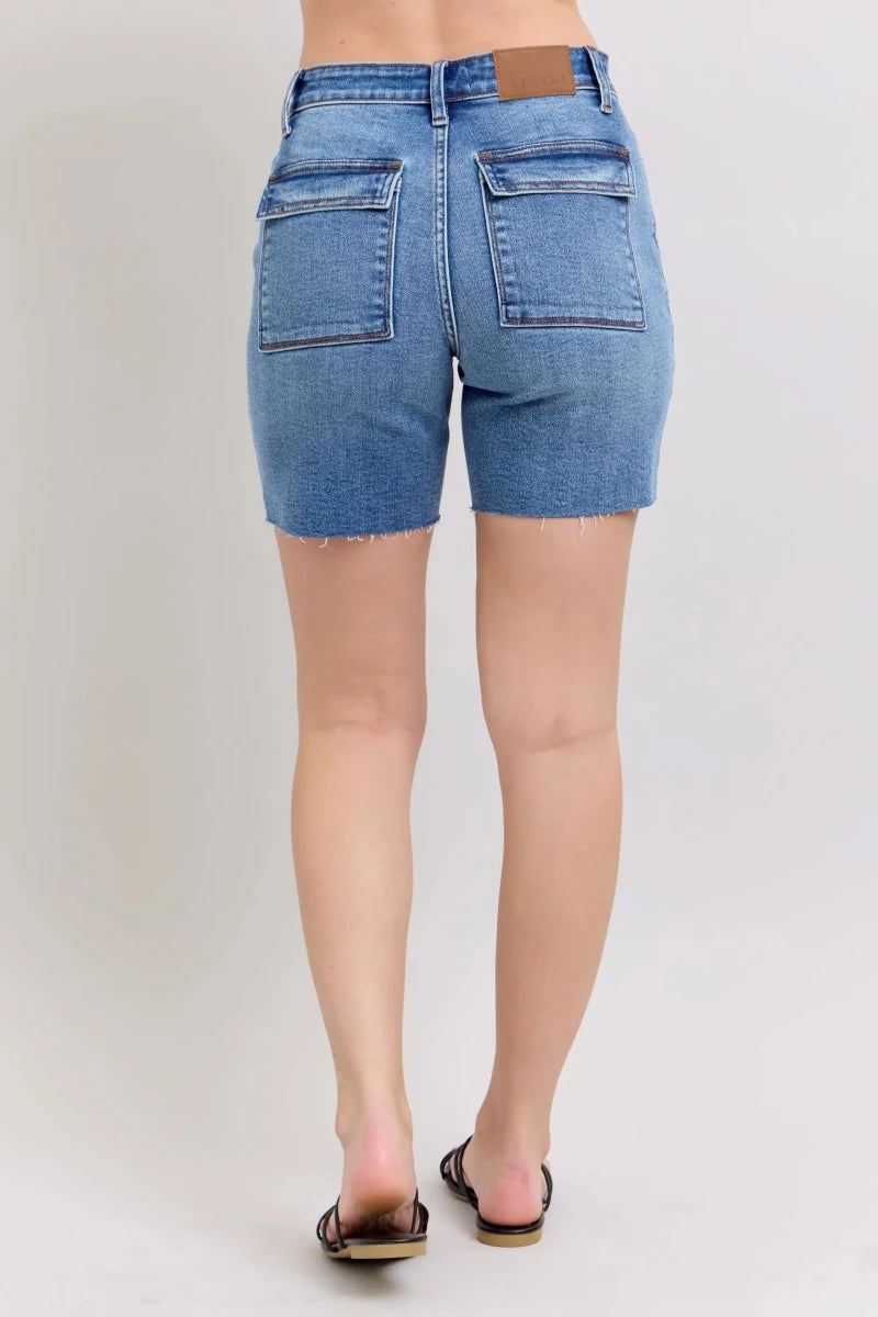 Judy Blue Plus Size Mid Rise Bermuda Denim Shorts with Back Flap Pockets - AMVIM