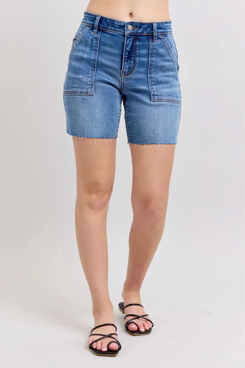 Judy Blue Plus Size Mid Rise Bermuda Denim Shorts with Back Flap Pockets - AMVIM