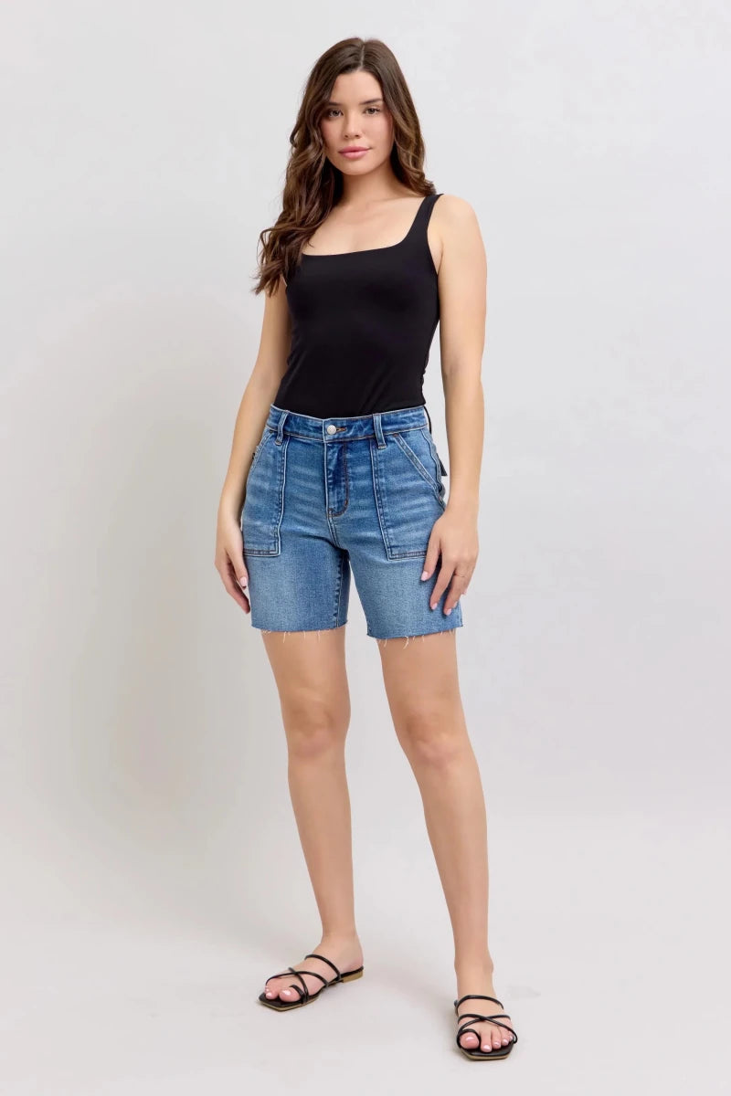 Judy Blue Plus Size Mid Rise Bermuda Denim Shorts with Back Flap Pockets - AMVIM