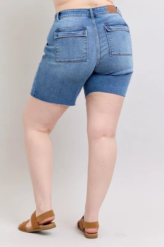 Judy Blue Plus Size Mid Rise Bermuda Denim Shorts with Back Flap Pockets - AMVIM