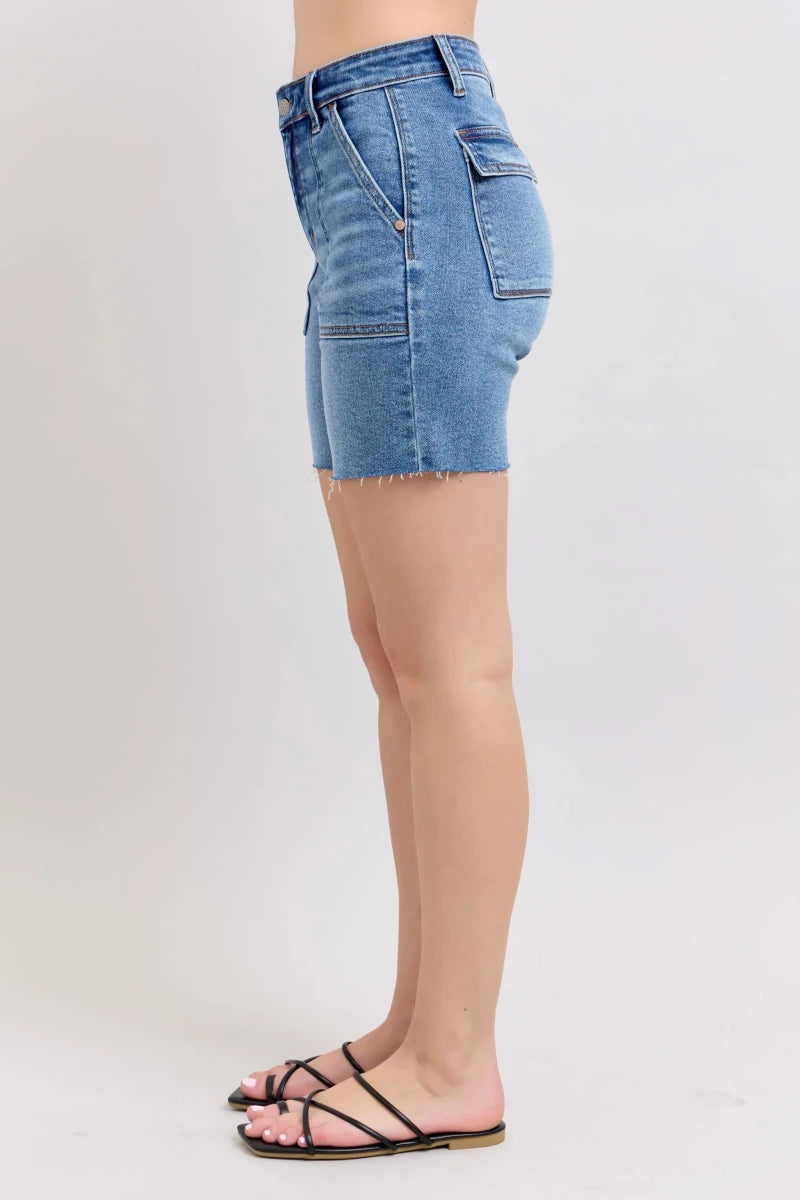 Judy Blue Plus Size Mid Rise Bermuda Denim Shorts with Back Flap Pockets - AMVIM