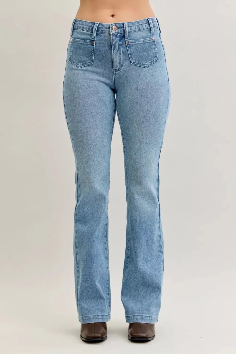 Judy Blue Plus Size Mid Rise Bootcut Jeans with Contrast Wash &amp; Front Pockets - AMVIM