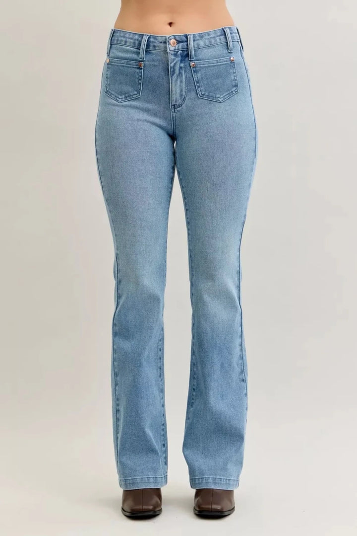 Judy Blue Plus Size Mid Rise Bootcut Jeans with Contrast Wash &amp; Front Pockets - AMVIM