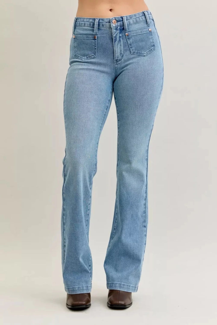 Judy Blue Plus Size Mid Rise Bootcut Jeans with Contrast Wash &amp; Front Pockets - AMVIM