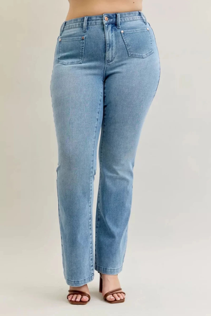 Judy Blue Plus Size Mid Rise Bootcut Jeans with Contrast Wash &amp; Front Pockets - AMVIM