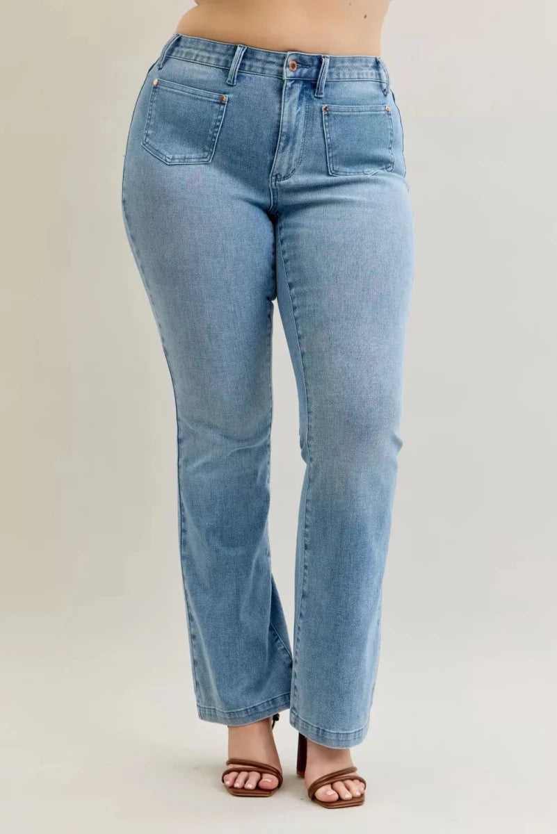 Judy Blue Plus Size Mid Rise Bootcut Jeans with Contrast Wash &amp; Front Pockets - AMVIM