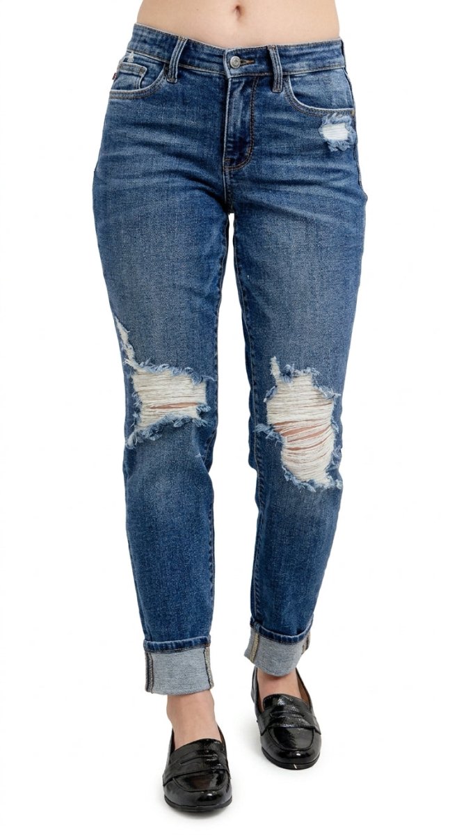Judy Blue Plus Size Mid Rise Boyfriend Destroyed Jeans with Yoke Pockets and Faux Selvedge Cuff - AMVIM