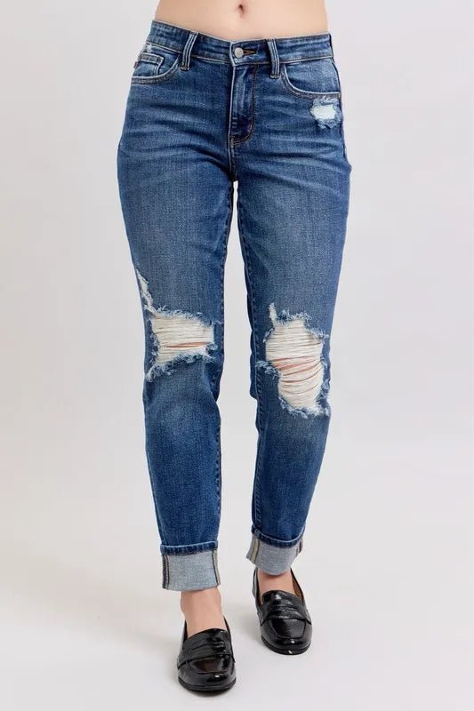 Judy Blue Plus Size Mid Rise Boyfriend Destroyed Jeans with Yoke Pockets and Faux Selvedge Cuff - AMVIM