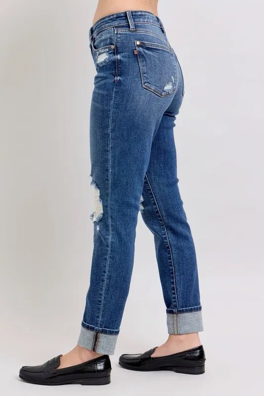 Judy Blue Plus Size Mid Rise Boyfriend Destroyed Jeans with Yoke Pockets and Faux Selvedge Cuff - AMVIM