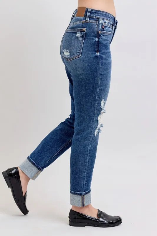 Judy Blue Plus Size Mid Rise Boyfriend Destroyed Jeans with Yoke Pockets and Faux Selvedge Cuff - AMVIM