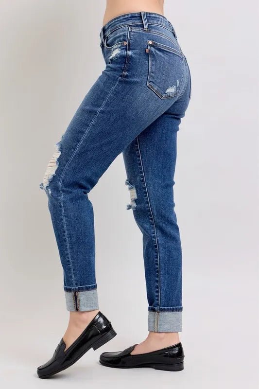 Judy Blue Plus Size Mid Rise Boyfriend Destroyed Jeans with Yoke Pockets and Faux Selvedge Cuff - AMVIM