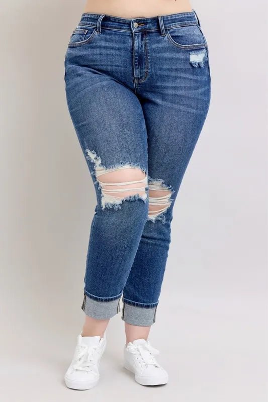 Judy Blue Plus Size Mid Rise Boyfriend Destroyed Jeans with Yoke Pockets and Faux Selvedge Cuff - AMVIM