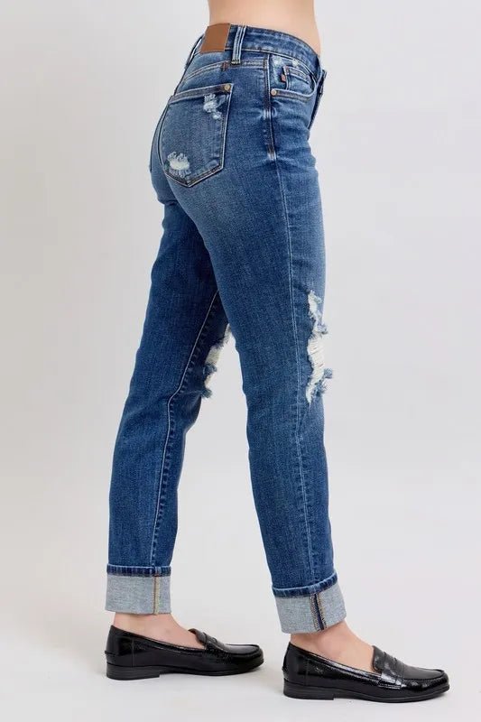 Judy Blue Plus Size Mid Rise Boyfriend Destroyed Jeans with Yoke Pockets and Faux Selvedge Cuff - AMVIM